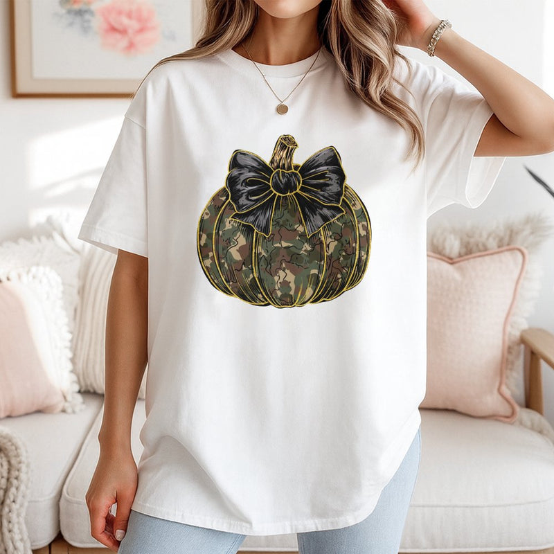 Camo Pumpkin T-Shirt | Fall Coquette Bow Graphic Tee | Premium 100% Cotton | Thanksgiving Autumn Gift For Her
