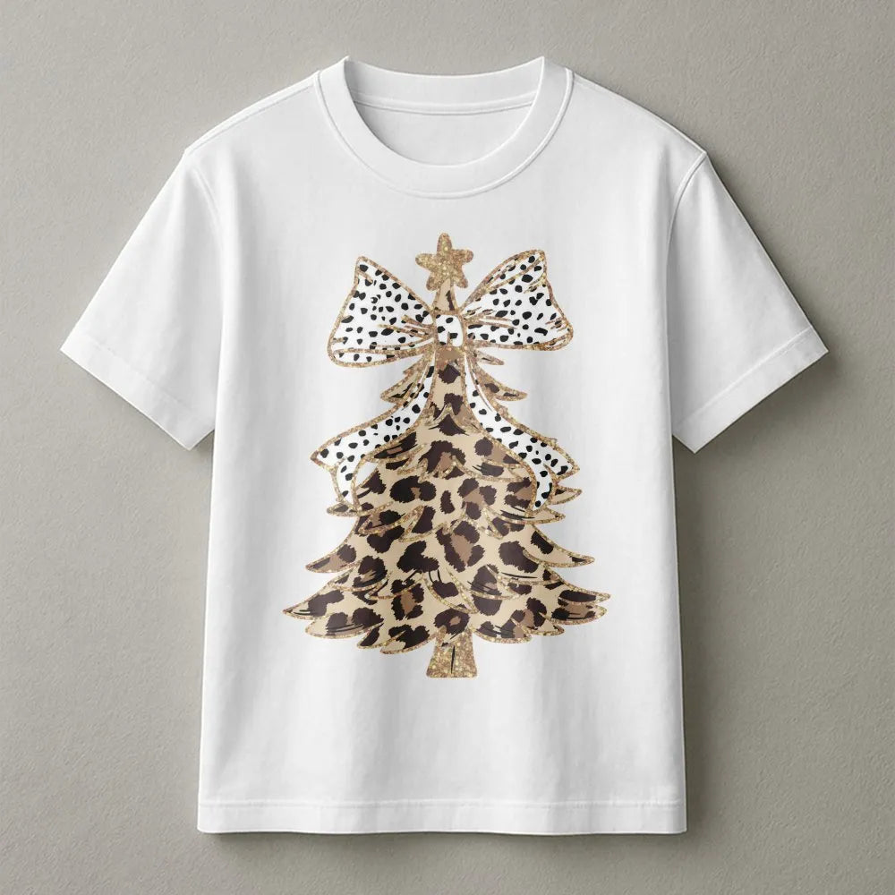 Leopard Print Christmas Tree T-Shirt | Festive Polka Dot Bow Graphic | Soft Cotton Holiday Apparel | Cute Women's Winter Gift
