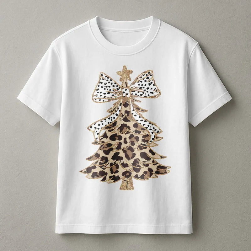 Leopard Print Christmas Tree T-Shirt | Festive Polka Dot Bow Graphic | Soft Cotton Holiday Apparel | Cute Women's Winter Gift