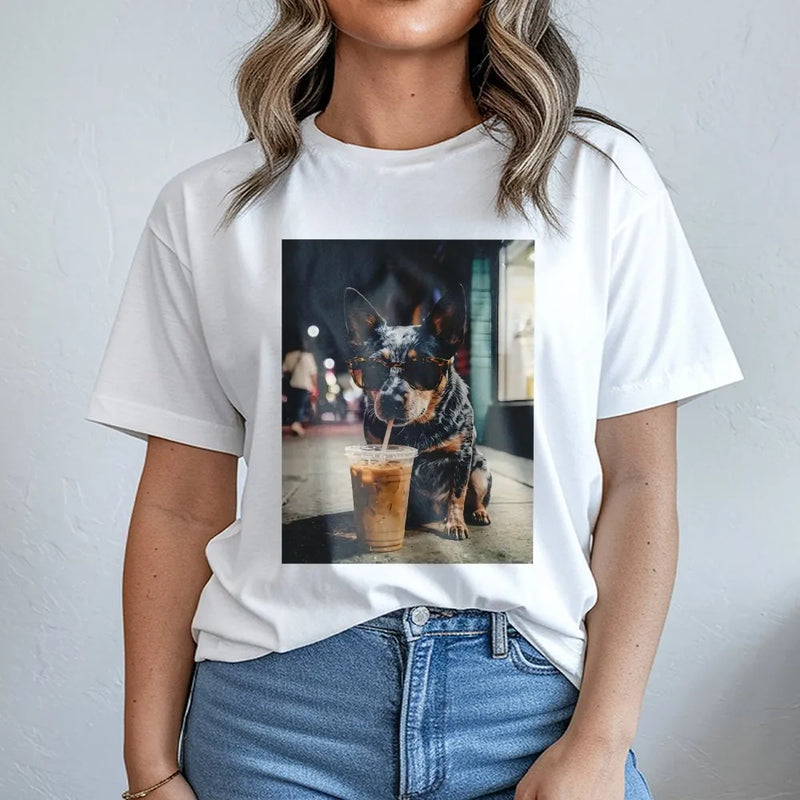 Blue Heeler T-Shirt | Dog with Sunglasses Drinking Iced Coffee | Soft Cotton Blend | Funny Australian Cattle Dog Lover Gift