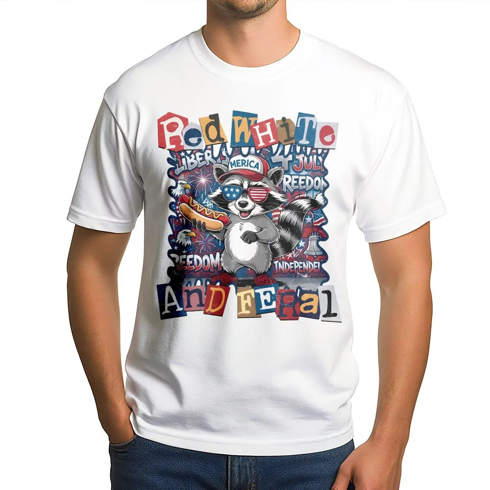 Red White and Feral T-Shirt | Funny Patriotic Raccoon Graphic | Soft Cotton-Blend Pullover | 4th of July Independence Day Gift