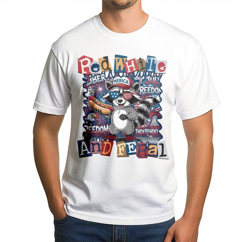 Red White and Feral T-Shirt | Funny Patriotic Raccoon Graphic | Soft Cotton-Blend Pullover | 4th of July Independence Day Gift