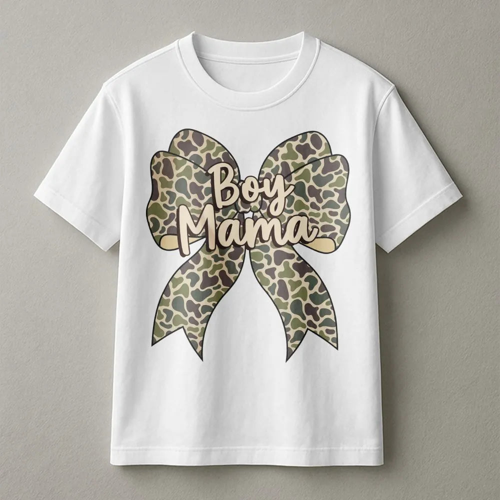 Boy Mama T-Shirt | Camo Coquette Bow Graphic Tee | Premium 100% Cotton Apparel | Trendy Gift for Mom of Boys