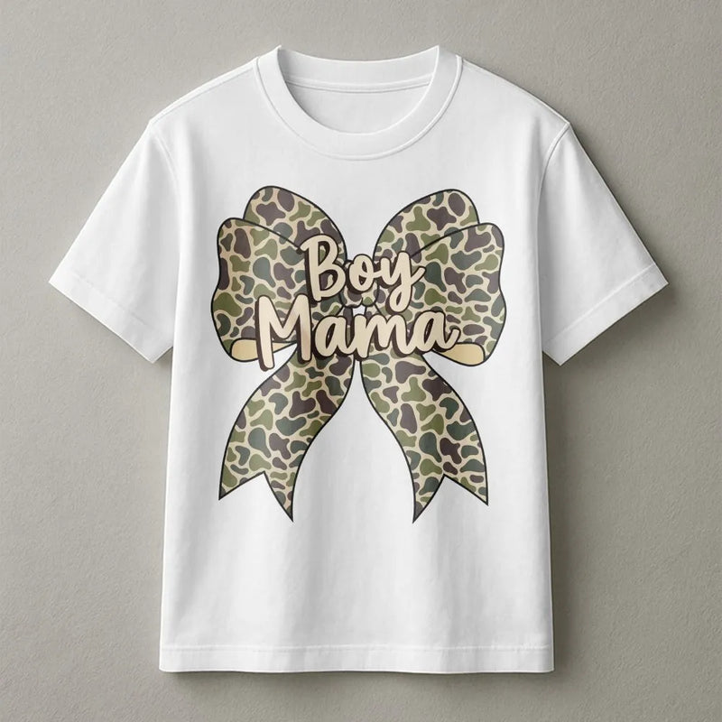 Boy Mama T-Shirt | Camo Coquette Bow Graphic Tee | Premium 100% Cotton Apparel | Trendy Gift for Mom of Boys