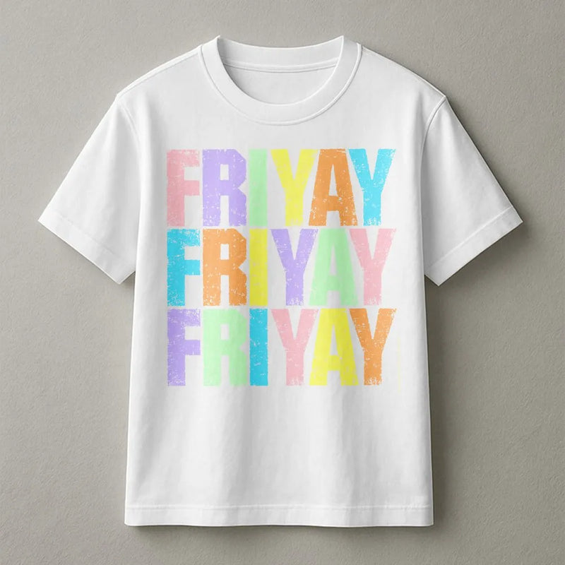 Happy Friyay T-Shirt | Retro Colorful Graphic Pullover | Soft Cotton-Polyester Blend | Funny Elementary Teacher Gift
